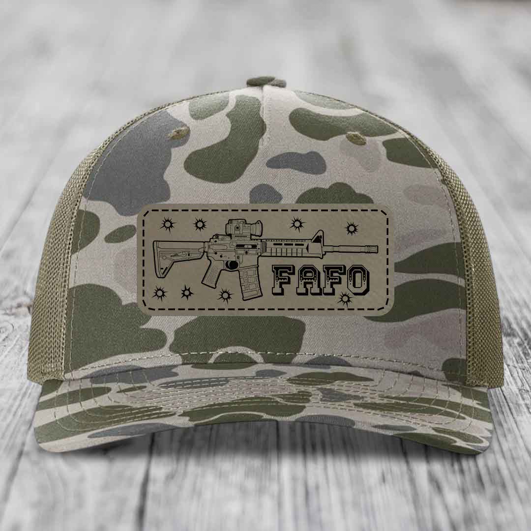 Ar15 Fafo - Leather Patch Hat - Light Brown to Black Patch - Richardson 112PFP Snapback Trucker Hat