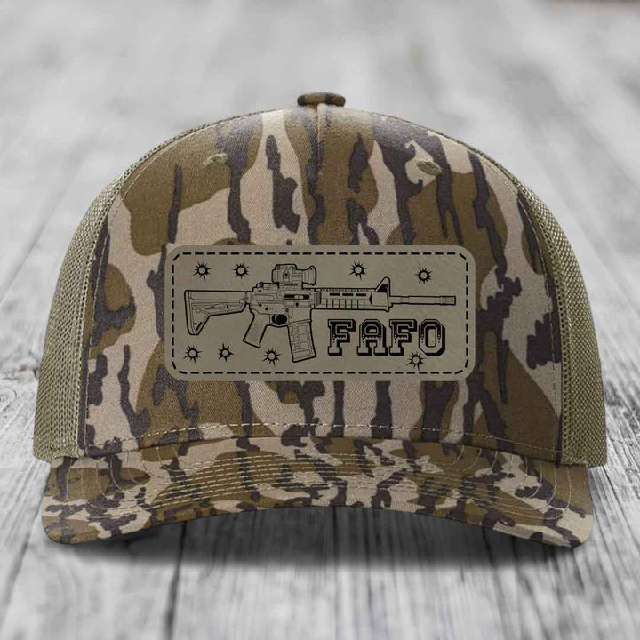 Ar15 Fafo - Leather Patch Hat - Light Brown to Black Patch - Richardson 112PFP Snapback Trucker Hat