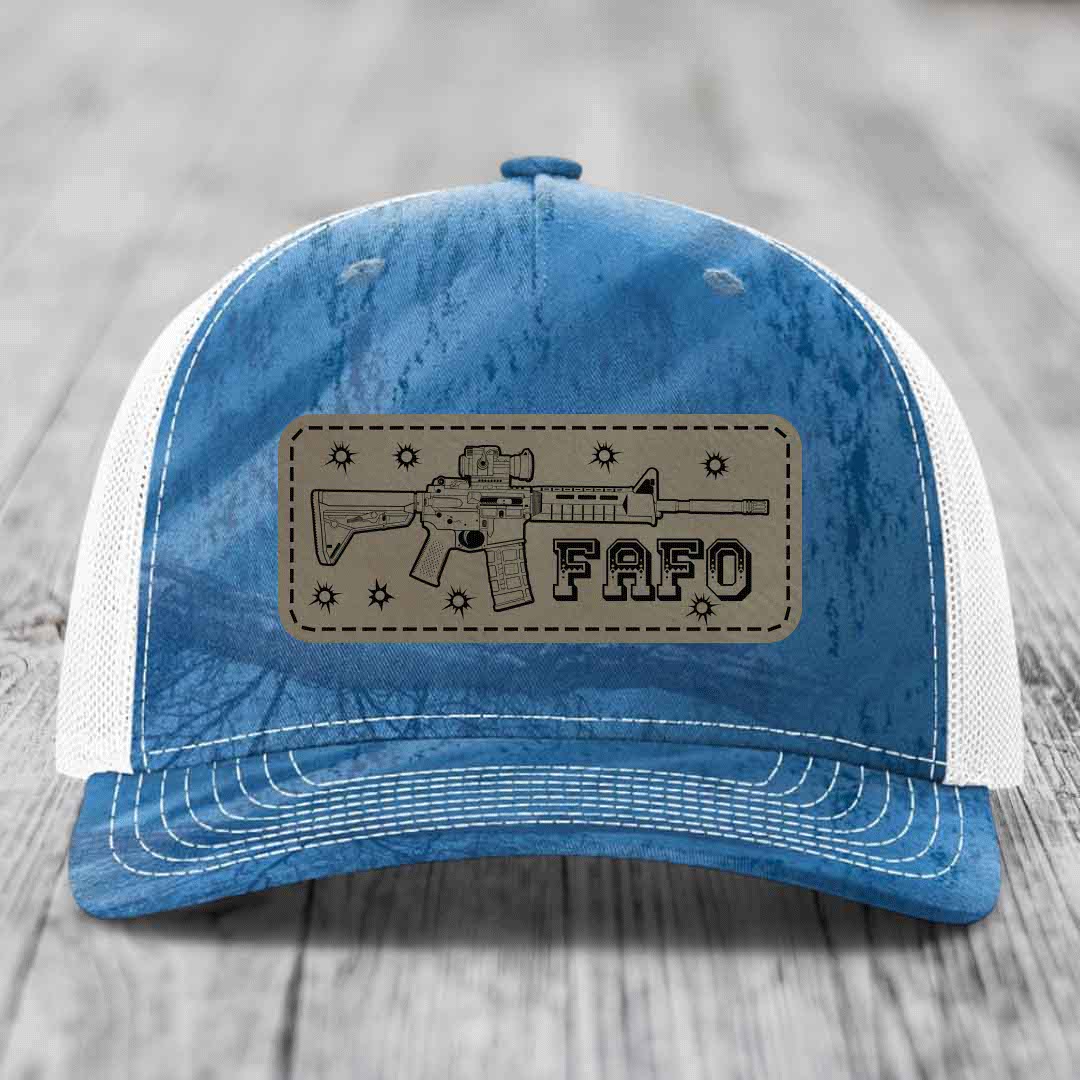 Ar15 Fafo - Leather Patch Hat - Light Brown to Black Patch - Richardson 112PFP Snapback Trucker Hat