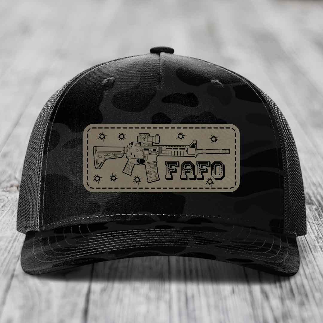 Ar15 Fafo - Leather Patch Hat - Light Brown to Black Patch - Richardson 112PFP Snapback Trucker Hat