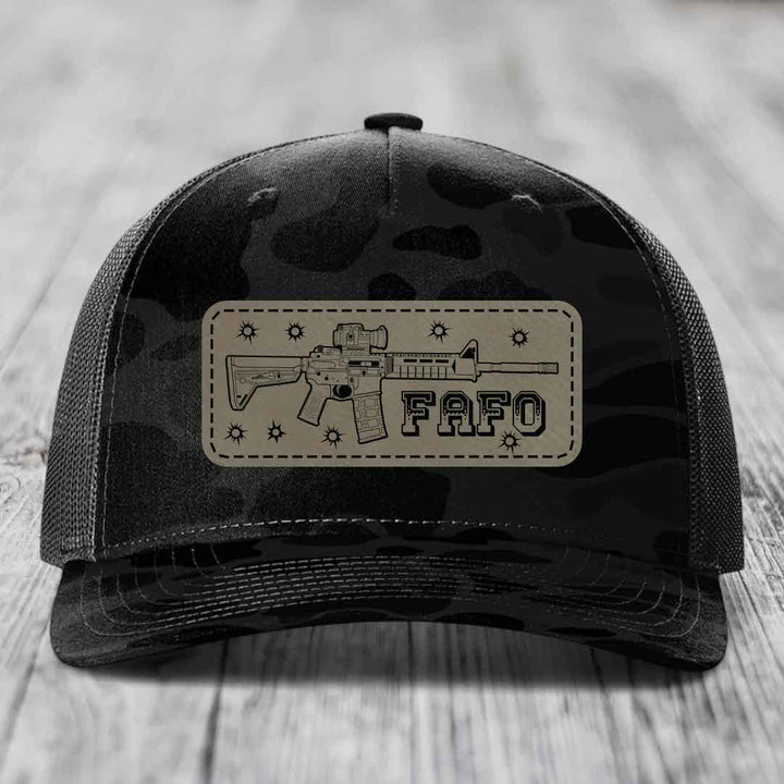 Ar15 Fafo - Leather Patch Hat - Light Brown to Black Patch - Richardson 112PFP Snapback Trucker Hat