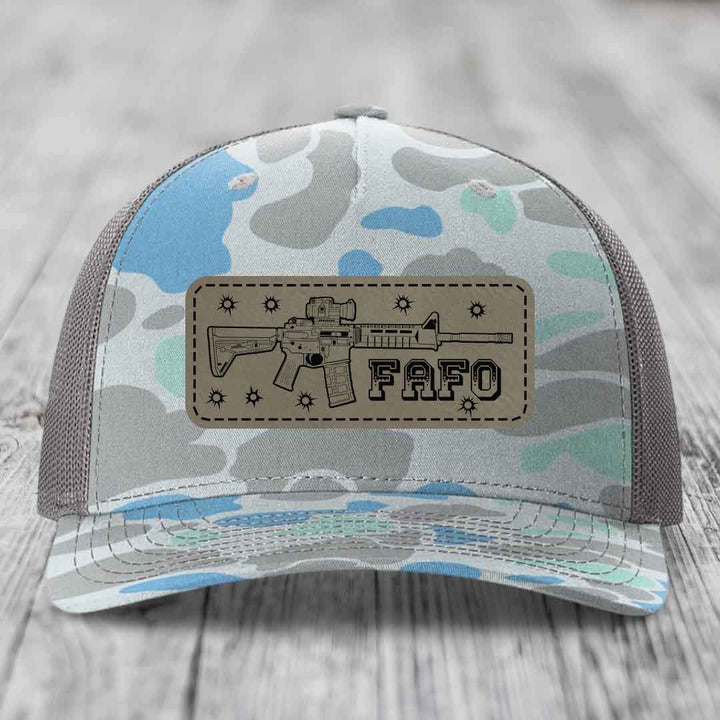 Ar15 Fafo - Leather Patch Hat - Light Brown to Black Patch - Richardson 112PFP Snapback Trucker Hat