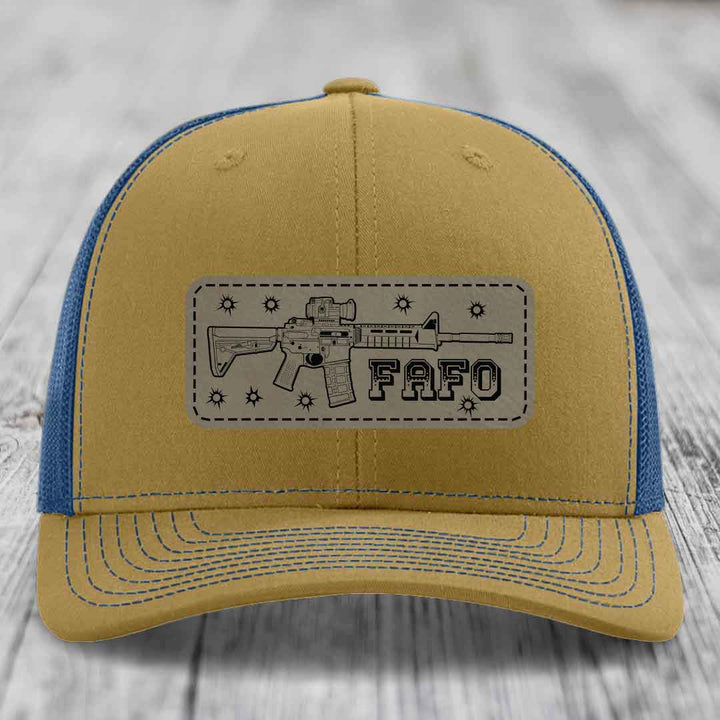 Ar15 Fafo - Leather Patch Hat - Light Brown to Black Patch - Richardson 112 Snapback Trucker Hat