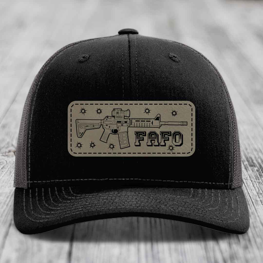 Ar15 Fafo - Leather Patch Hat - Light Brown to Black Patch - Richardson 112 Snapback Trucker Hat