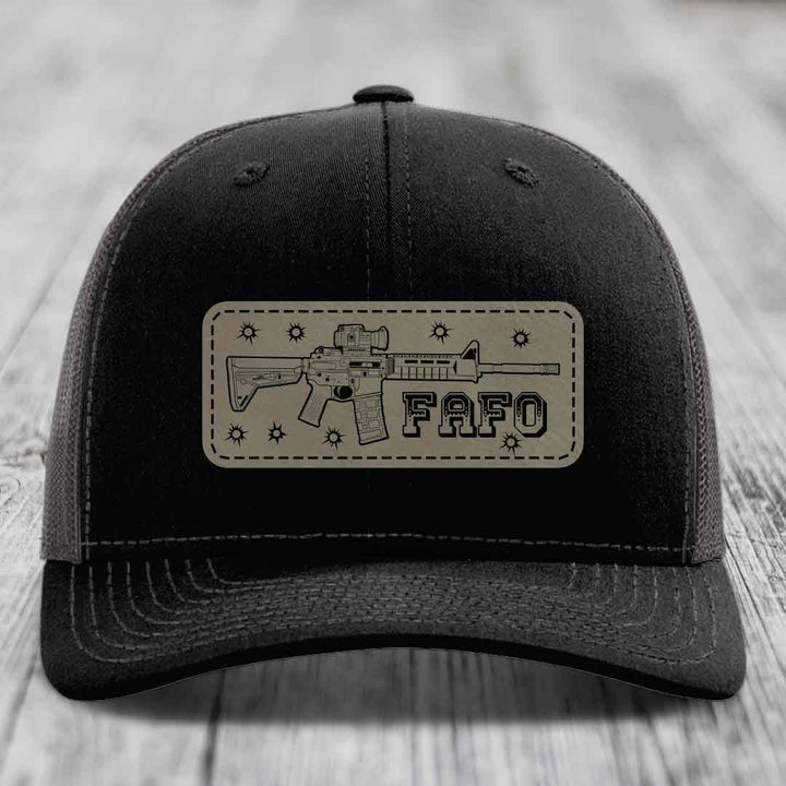 Ar15 Fafo - Leather Patch Hat - Light Brown to Black Patch - Richardson 112 Snapback Trucker Hat