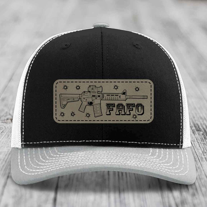 Ar15 Fafo - Leather Patch Hat - Light Brown to Black Patch - Richardson 112 Snapback Trucker Hat