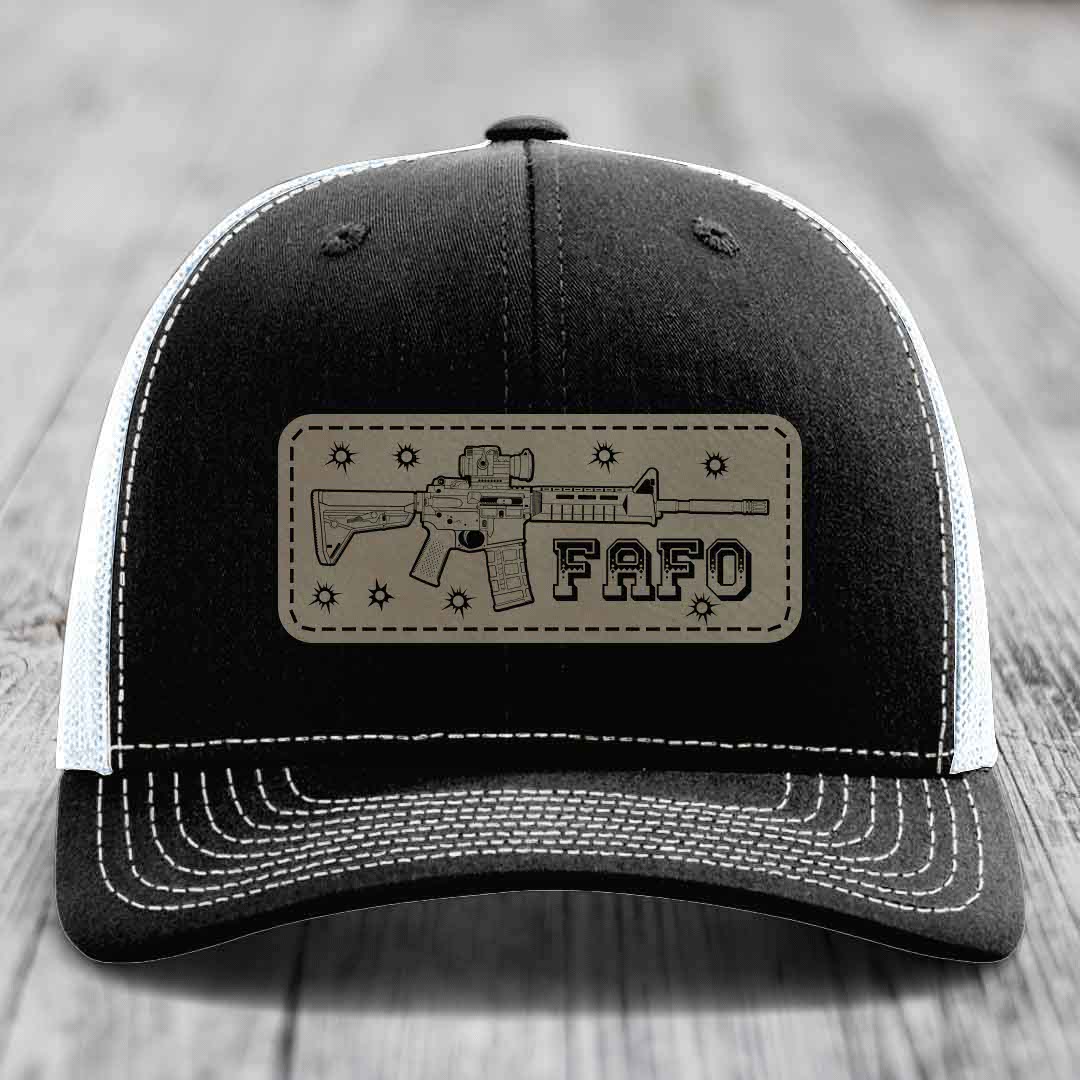 Ar15 Fafo - Leather Patch Hat - Light Brown to Black Patch - Richardson 112 Snapback Trucker Hat