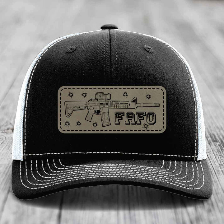 Ar15 Fafo - Leather Patch Hat - Light Brown to Black Patch - Richardson 112 Snapback Trucker Hat