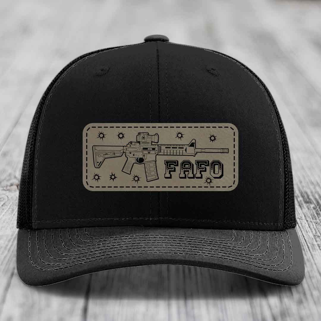 Ar15 Fafo - Leather Patch Hat - Light Brown to Black Patch - Richardson 112 Snapback Trucker Hat