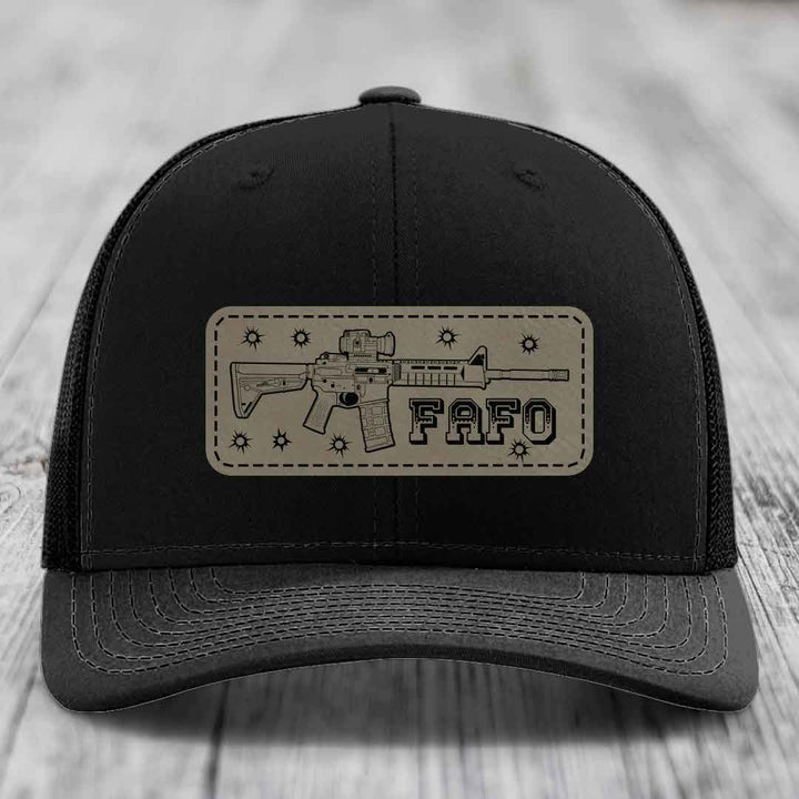 Ar15 Fafo - Leather Patch Hat - Light Brown to Black Patch - Richardson 112 Snapback Trucker Hat