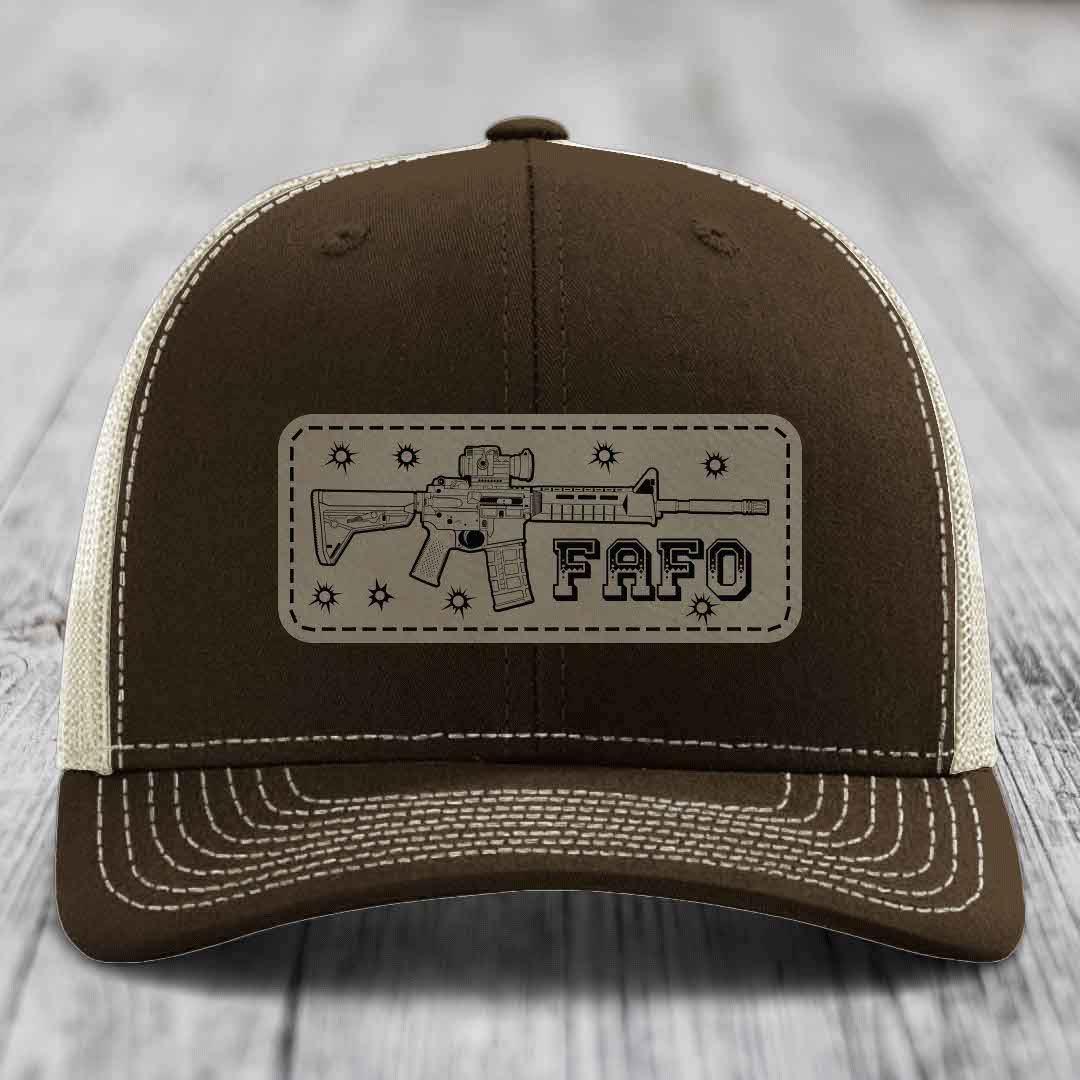 Ar15 Fafo - Leather Patch Hat - Light Brown to Black Patch - Richardson 112 Snapback Trucker Hat