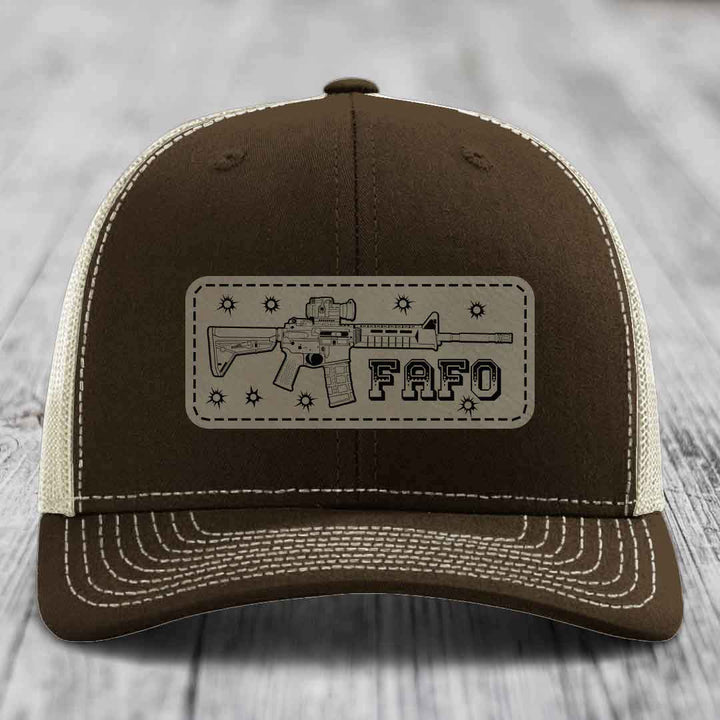 Ar15 Fafo - Leather Patch Hat - Light Brown to Black Patch - Richardson 112 Snapback Trucker Hat