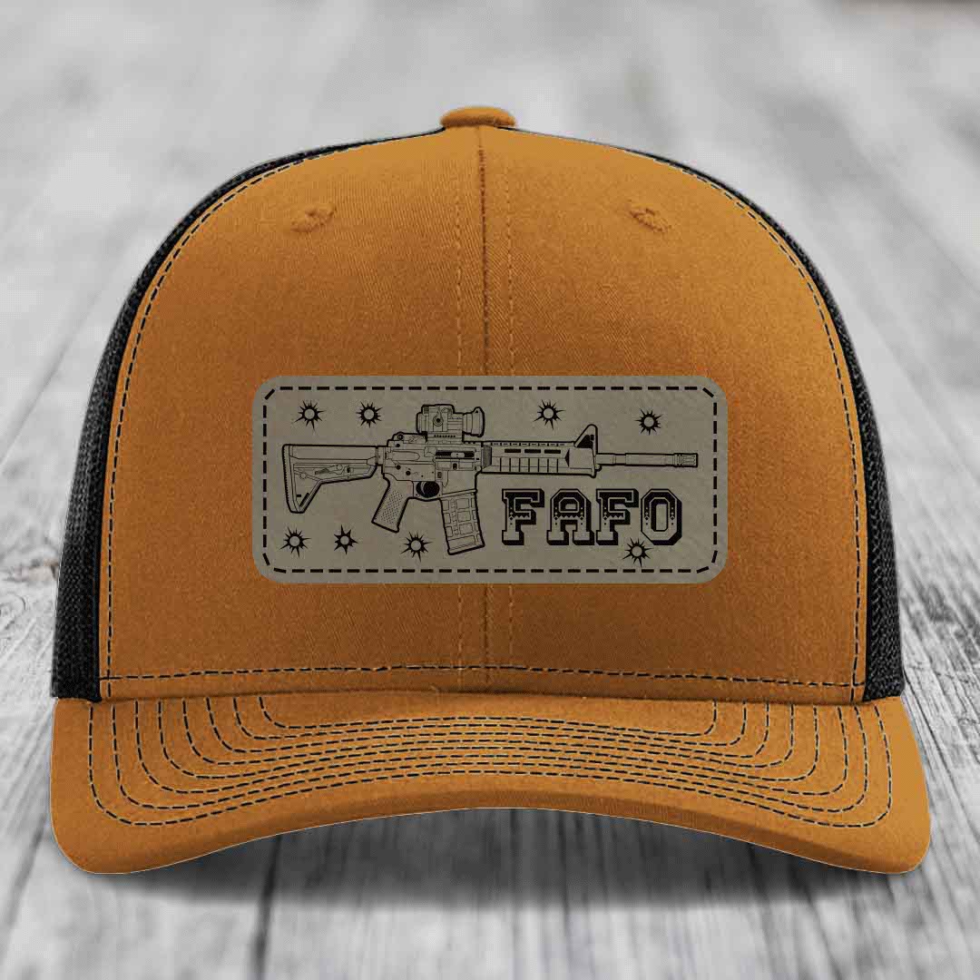 Ar15 Fafo - Leather Patch Hat - Light Brown to Black Patch - Richardson 112 Snapback Trucker Hat