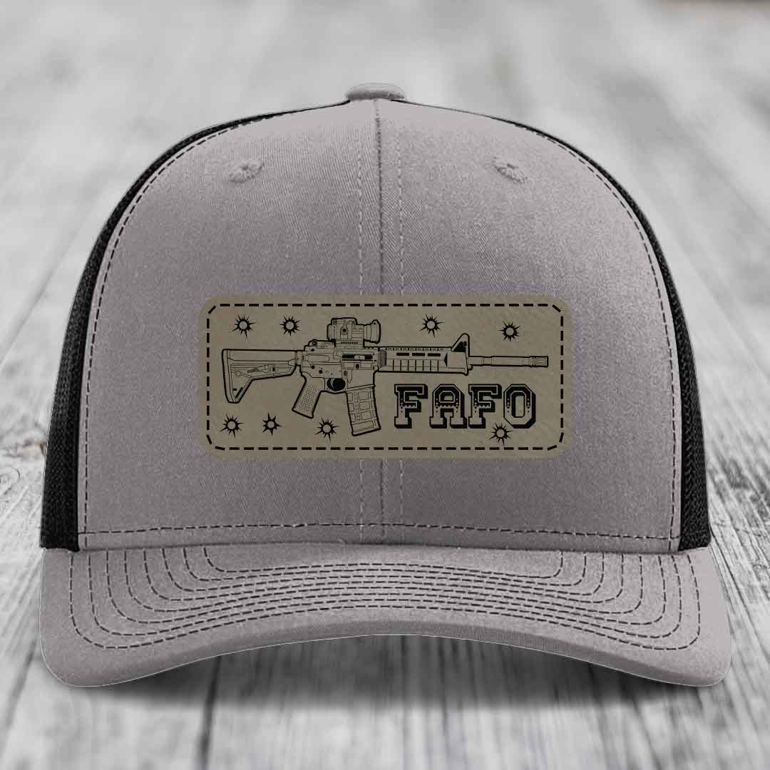 Ar15 Fafo - Leather Patch Hat - Light Brown to Black Patch - Richardson 112 Snapback Trucker Hat