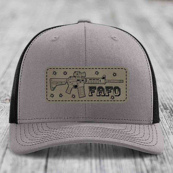 Ar15 Fafo - Leather Patch Hat - Light Brown to Black Patch - Richardson 112 Snapback Trucker Hat