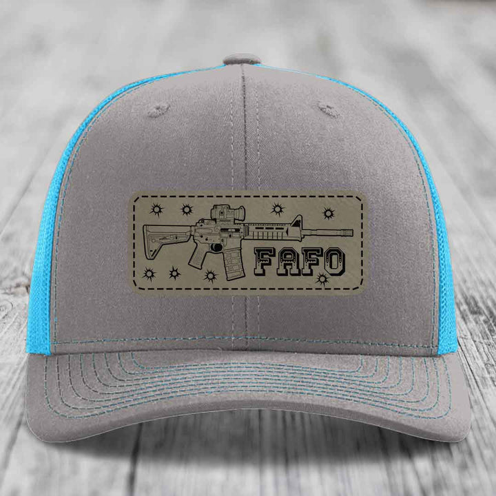 Ar15 Fafo - Leather Patch Hat - Light Brown to Black Patch - Richardson 112 Snapback Trucker Hat