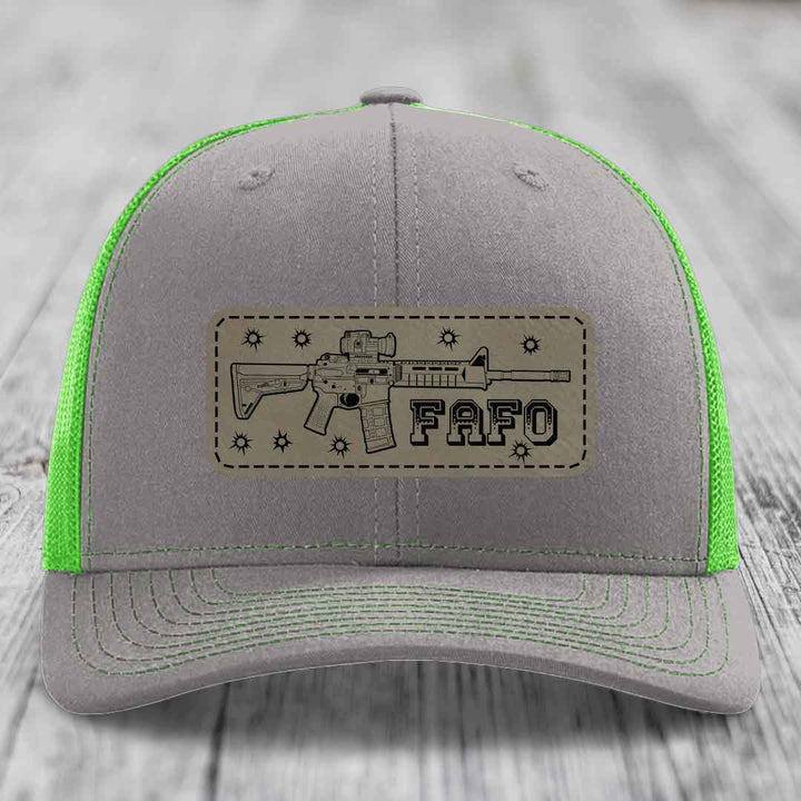 Ar15 Fafo - Leather Patch Hat - Light Brown to Black Patch - Richardson 112 Snapback Trucker Hat