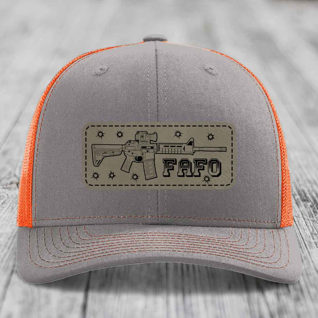 Ar15 Fafo - Leather Patch Hat - Light Brown to Black Patch - Richardson 112 Snapback Trucker Hat