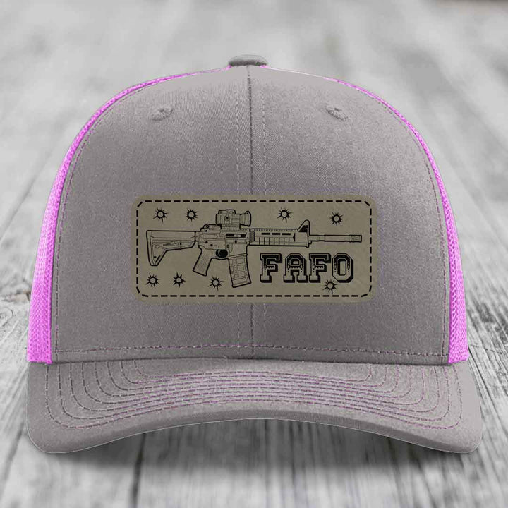 Ar15 Fafo - Leather Patch Hat - Light Brown to Black Patch - Richardson 112 Snapback Trucker Hat