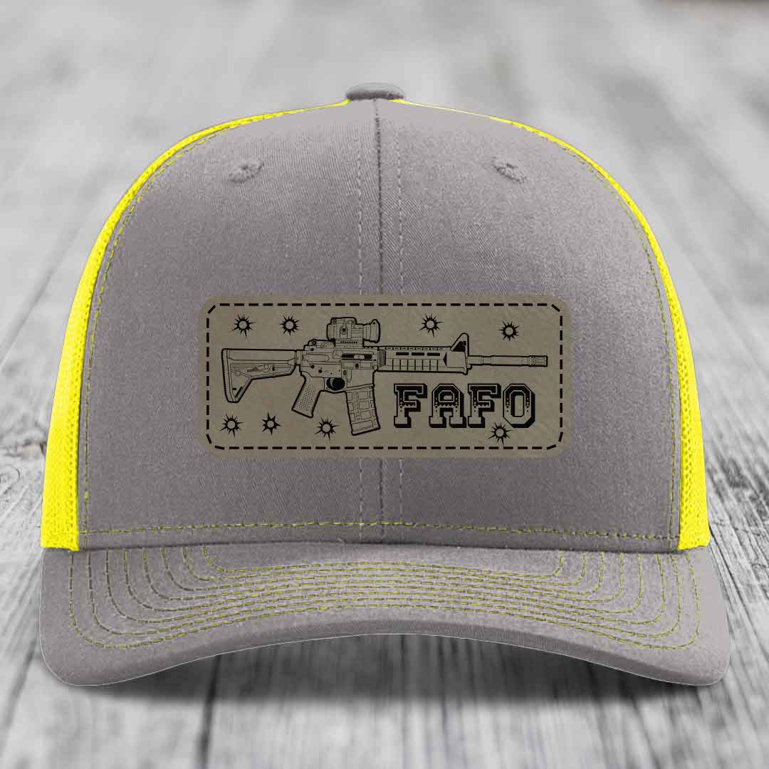 Ar15 Fafo - Leather Patch Hat - Light Brown to Black Patch - Richardson 112 Snapback Trucker Hat