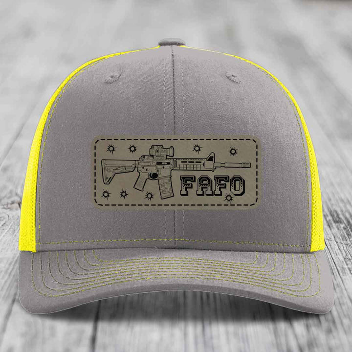 Ar15 Fafo - Leather Patch Hat - Light Brown to Black Patch - Richardson 112 Snapback Trucker Hat