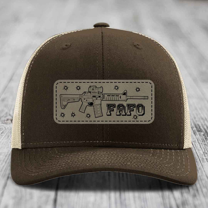 Ar15 Fafo - Leather Patch Hat - Light Brown to Black Patch - Richardson 112 Snapback Trucker Hat