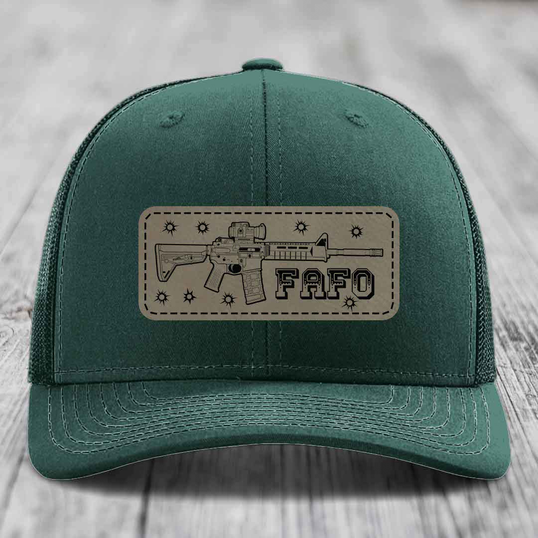 Ar15 Fafo - Leather Patch Hat - Light Brown to Black Patch - Richardson 112 Snapback Trucker Hat