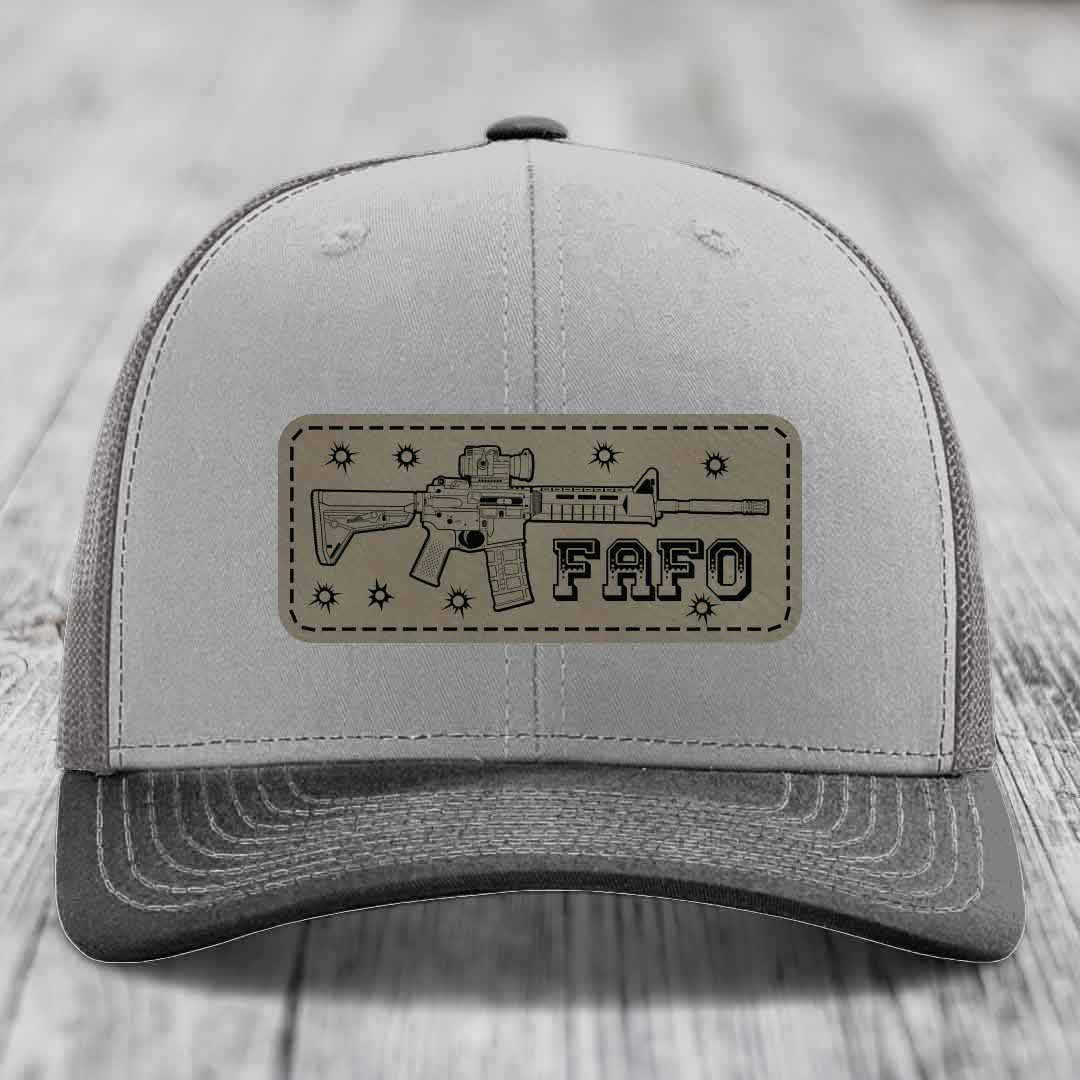 Ar15 Fafo - Leather Patch Hat - Light Brown to Black Patch - Richardson 112 Snapback Trucker Hat
