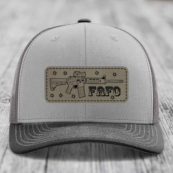 Ar15 Fafo - Leather Patch Hat - Light Brown to Black Patch - Richardson 112 Snapback Trucker Hat