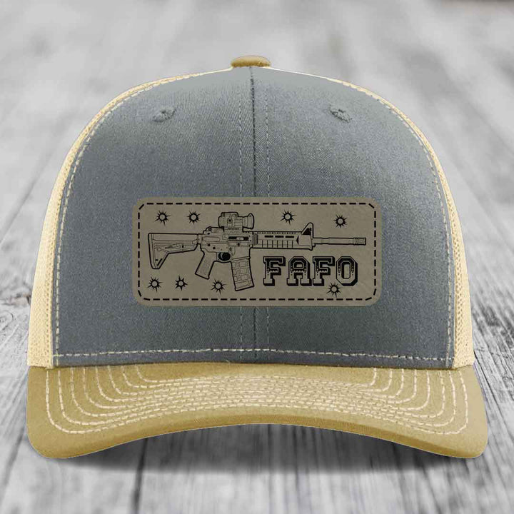 Ar15 Fafo - Leather Patch Hat - Light Brown to Black Patch - Richardson 112 Snapback Trucker Hat