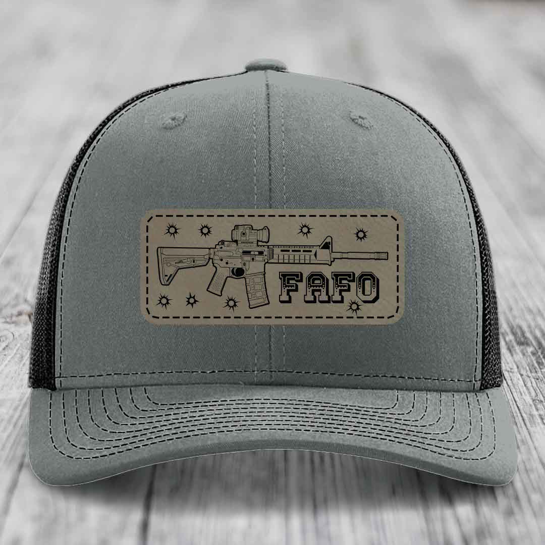 Ar15 Fafo - Leather Patch Hat - Light Brown to Black Patch - Richardson 112 Snapback Trucker Hat