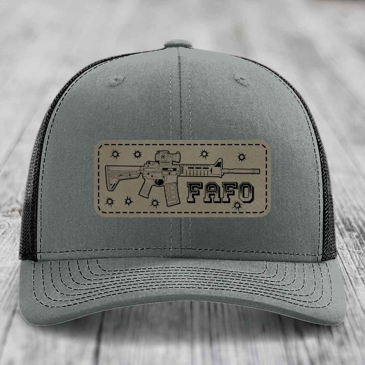 Ar15 Fafo - Leather Patch Hat - Light Brown to Black Patch - Richardson 112 Snapback Trucker Hat
