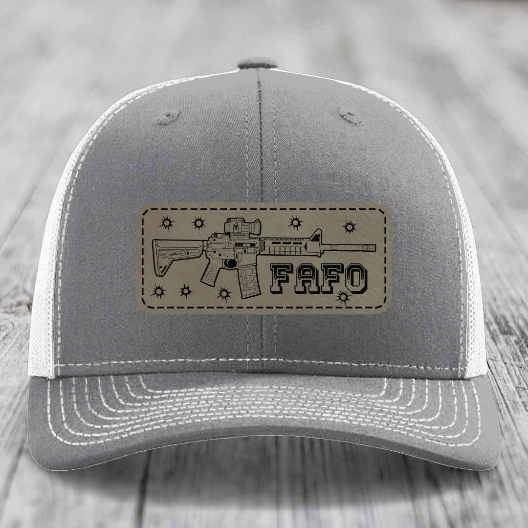 Ar15 Fafo - Leather Patch Hat - Light Brown to Black Patch - Richardson 112 Snapback Trucker Hat