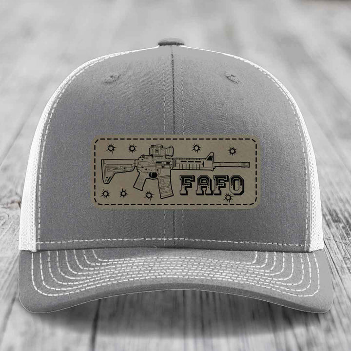 Ar15 Fafo - Leather Patch Hat - Light Brown to Black Patch - Richardson 112 Snapback Trucker Hat
