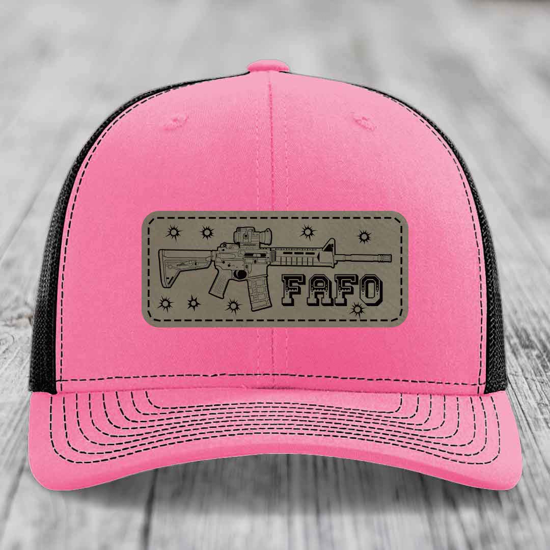 Ar15 Fafo - Leather Patch Hat - Light Brown to Black Patch - Richardson 112 Snapback Trucker Hat