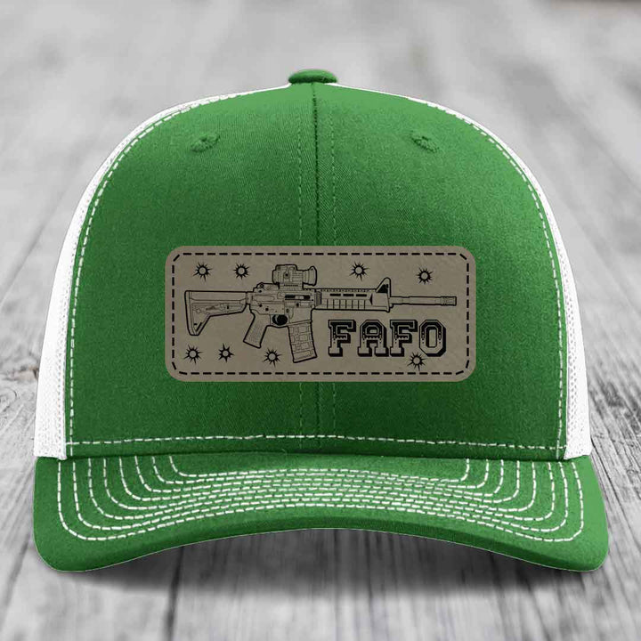 Ar15 Fafo - Leather Patch Hat - Light Brown to Black Patch - Richardson 112 Snapback Trucker Hat