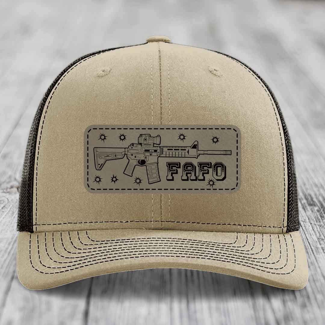 Ar15 Fafo - Leather Patch Hat - Light Brown to Black Patch - Richardson 112 Snapback Trucker Hat