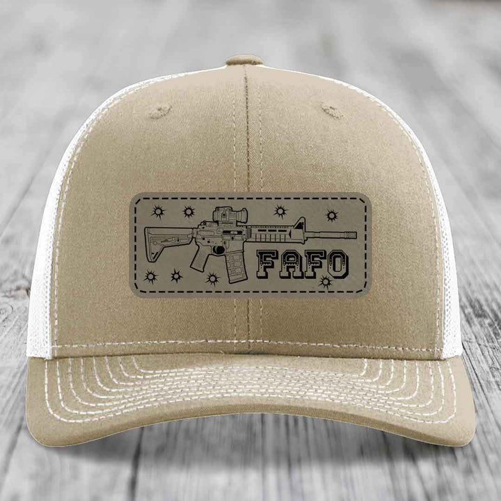 Ar15 Fafo - Leather Patch Hat - Light Brown to Black Patch - Richardson 112 Snapback Trucker Hat
