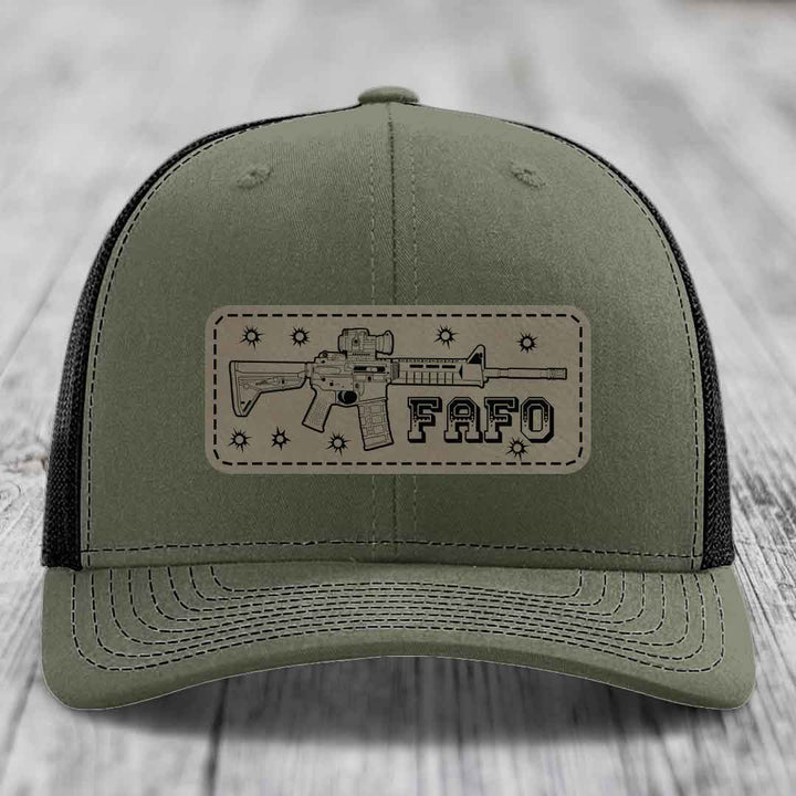 Ar15 Fafo - Leather Patch Hat - Light Brown to Black Patch - Richardson 112 Snapback Trucker Hat