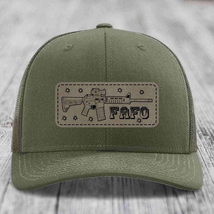 Ar15 Fafo - Leather Patch Hat - Light Brown to Black Patch - Richardson 112 Snapback Trucker Hat