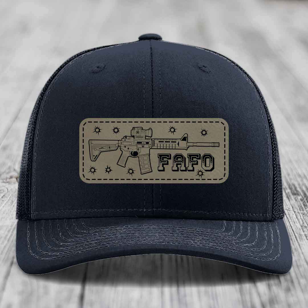 Ar15 Fafo - Leather Patch Hat - Light Brown to Black Patch - Richardson 112 Snapback Trucker Hat