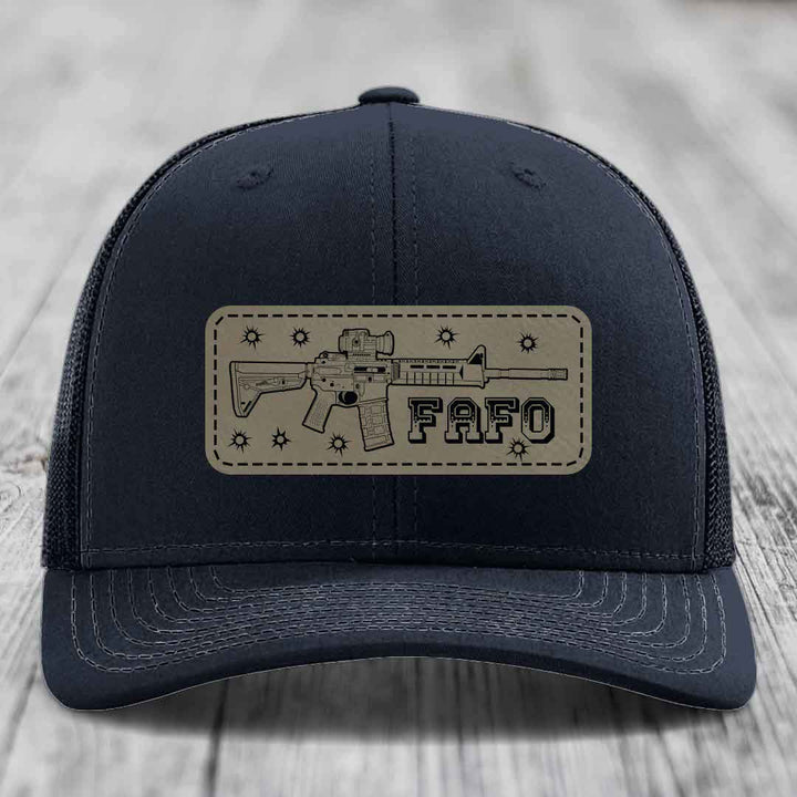 Ar15 Fafo - Leather Patch Hat - Light Brown to Black Patch - Richardson 112 Snapback Trucker Hat
