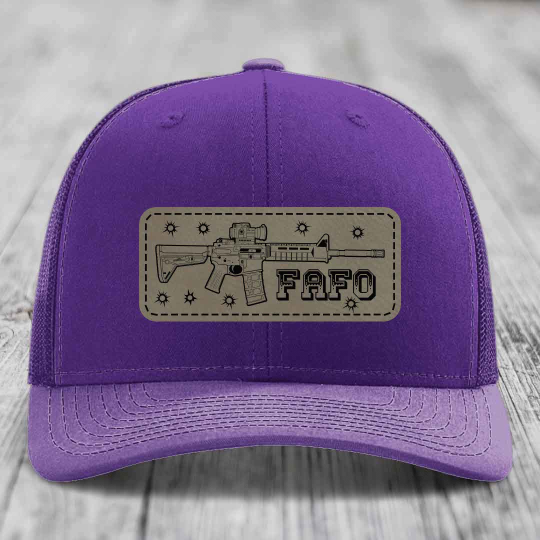 Ar15 Fafo - Leather Patch Hat - Light Brown to Black Patch - Richardson 112 Snapback Trucker Hat