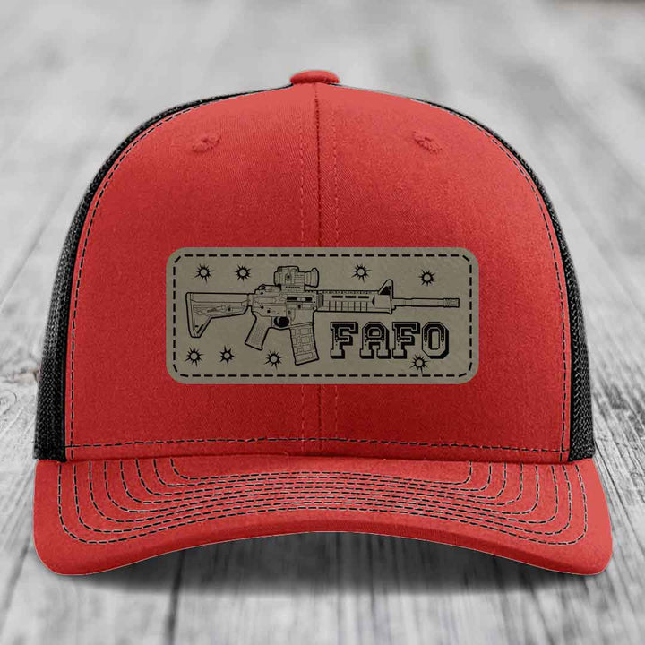 Ar15 Fafo - Leather Patch Hat - Light Brown to Black Patch - Richardson 112 Snapback Trucker Hat