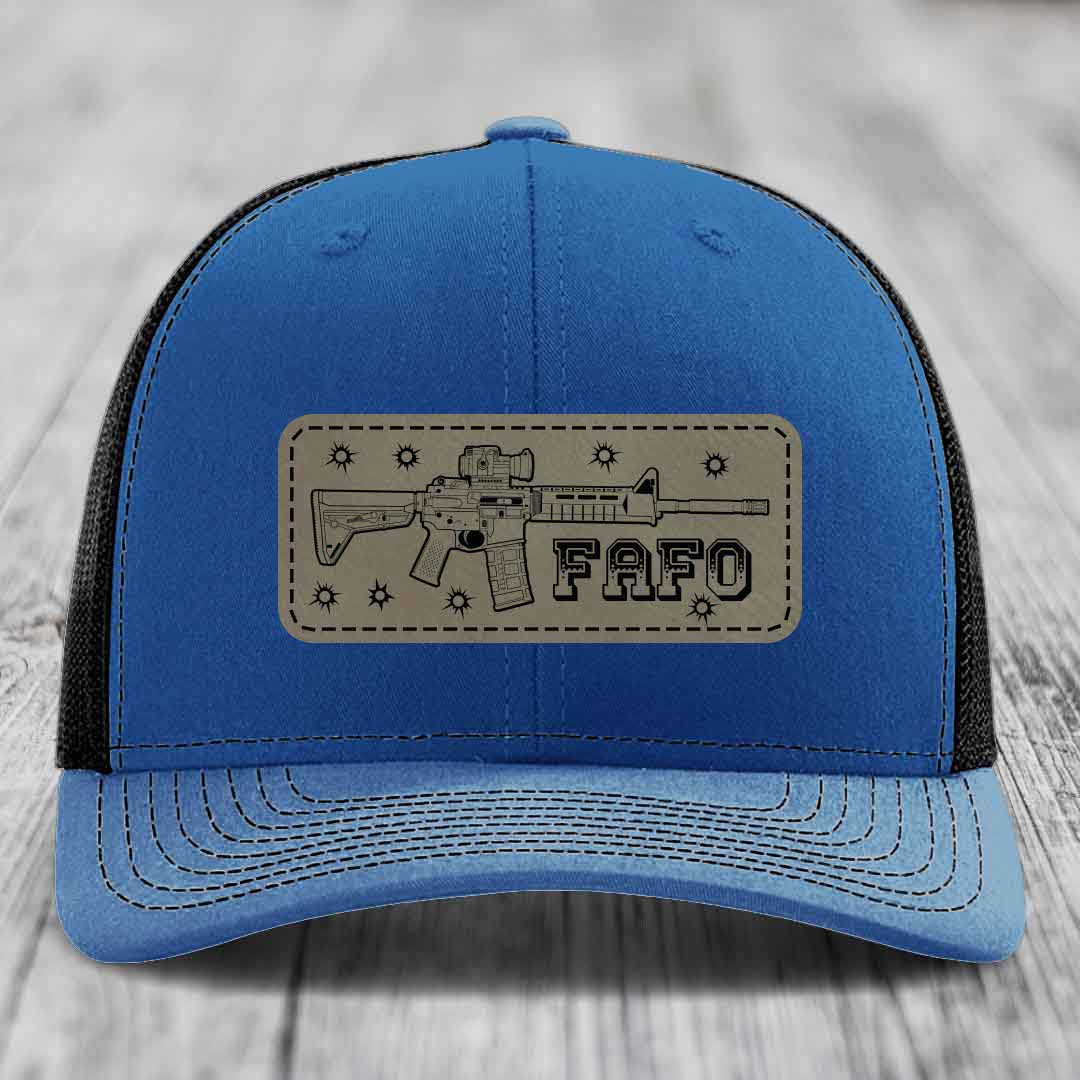 Ar15 Fafo - Leather Patch Hat - Light Brown to Black Patch - Richardson 112 Snapback Trucker Hat