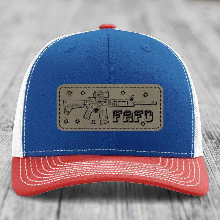 Ar15 Fafo - Leather Patch Hat - Light Brown to Black Patch - Richardson 112 Snapback Trucker Hat