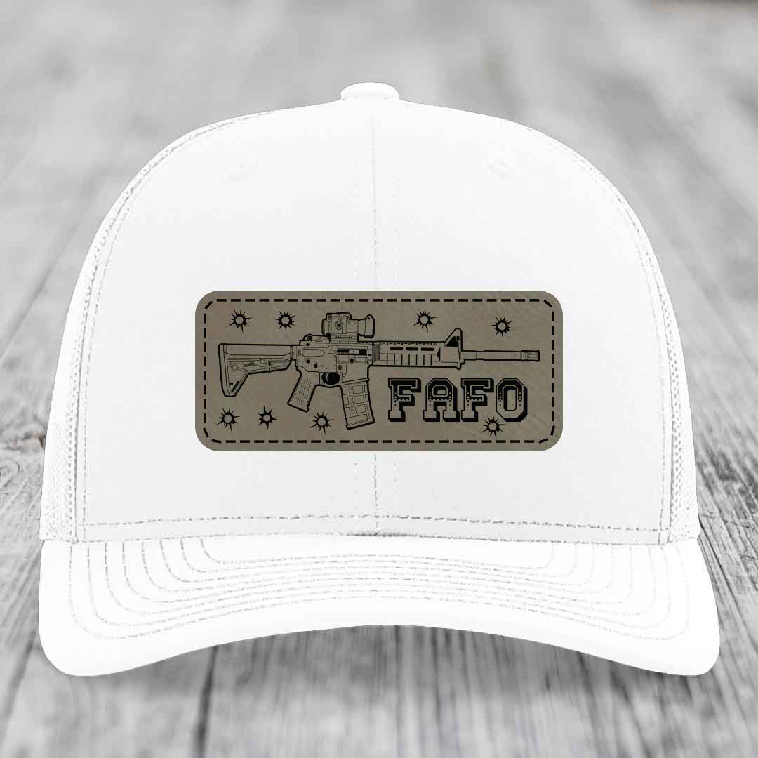 Ar15 Fafo - Leather Patch Hat - Light Brown to Black Patch - Richardson 112 Snapback Trucker Hat