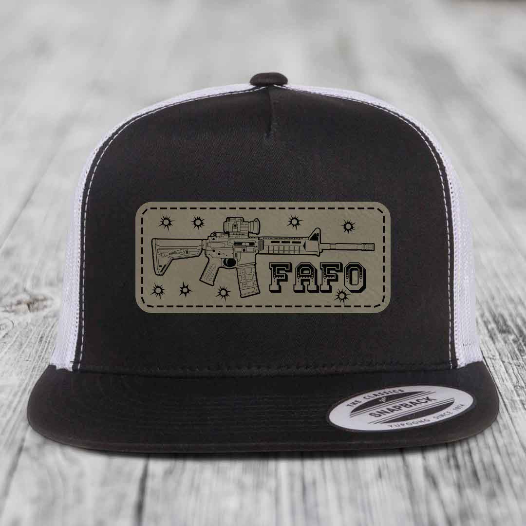 Ar15 Fafo - Leather Patch Hat - Light Brown to Black Patch - Yupoong 6006 Snapback Flatbill Hat