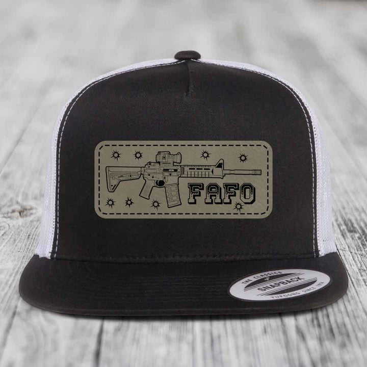 Ar15 Fafo - Leather Patch Hat - Light Brown to Black Patch - Yupoong 6006 Snapback Flatbill Hat