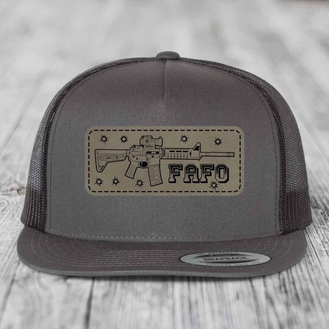 Ar15 Fafo - Leather Patch Hat - Light Brown to Black Patch - Yupoong 6006 Snapback Flatbill Hat